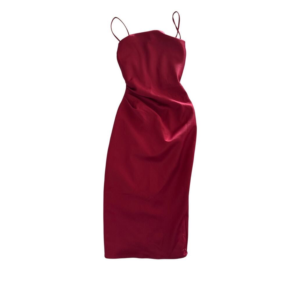 House of CB Wine Satin Corset Ruched Midi Dress Burgundy XS